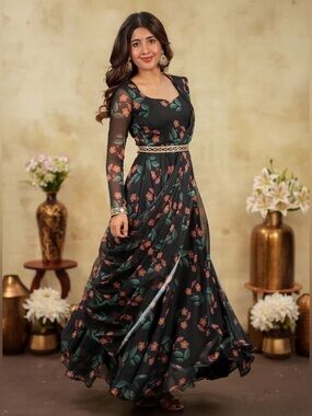 Floral Black Draped Maxi Saree Dress with Gold Trim size Small
